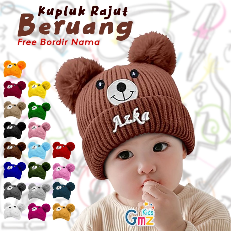 Kupluk Rajut Bayi Laki Laki Perempuan Kupluk Rajut Pompom Beruang Free Bordir Nama
