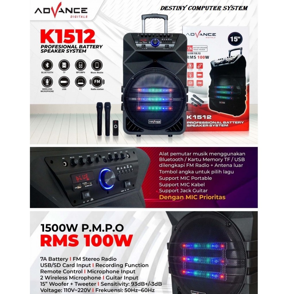 Speaker Portable Karaoke Advance 15" Inch K1512 (Free 2 Mic Wireless)