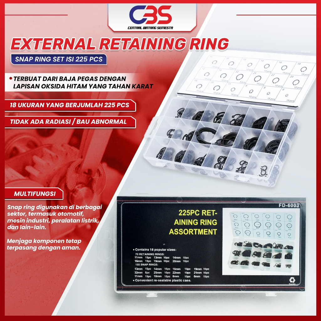 Circlip / External Retaining / Snap Ring Set Isi 225 Pcs + Box