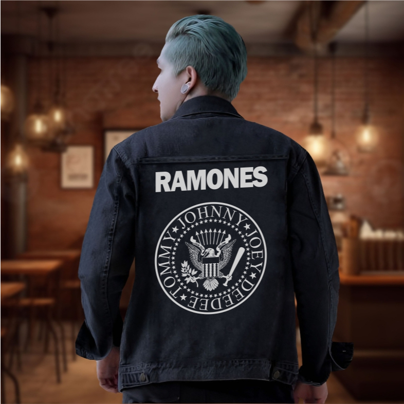 Yinyanks Jkt jacket Denim Ramones logo jacket jeans pria wanita unisex