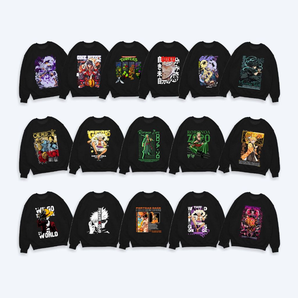 Crewneck Anime Hitam One Piece Gear 5 Goku Muichiro Tokib Zoro Satoru Gojo Hitam