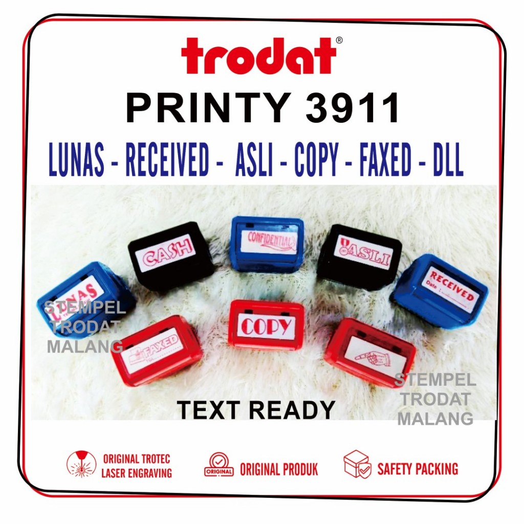 

Stempel Trodat TRODAT 3911 (38x14 mm) Lunas Terimakasih/Asli/Cash/Copy/Credit/Urgent/Fax Tgl/Confidential/Sign here