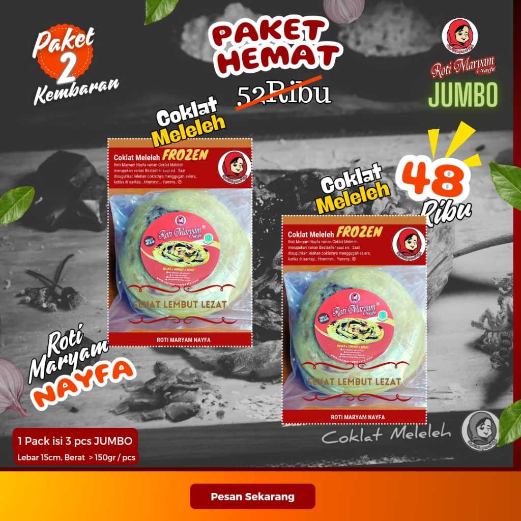 

[ PAKET 2, KEMBARAN] Roti Maryam Nayfa JUMBO. Coklatnya Ga Eneg dan ga bikin Gatal Kerongkongan. Lembut Lezat Ukuran JUMBO