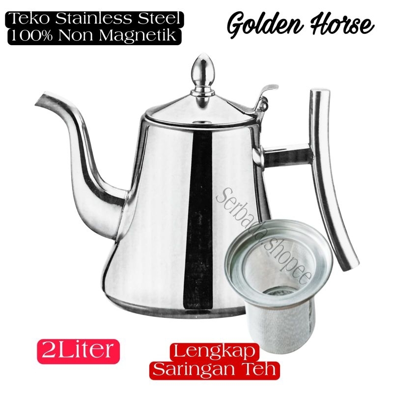 Teko Saji Air Minum Kopi Teh Stainless Steel Non Magnetik Tea Pot Aladin Lengkap Saringan Golden Hor
