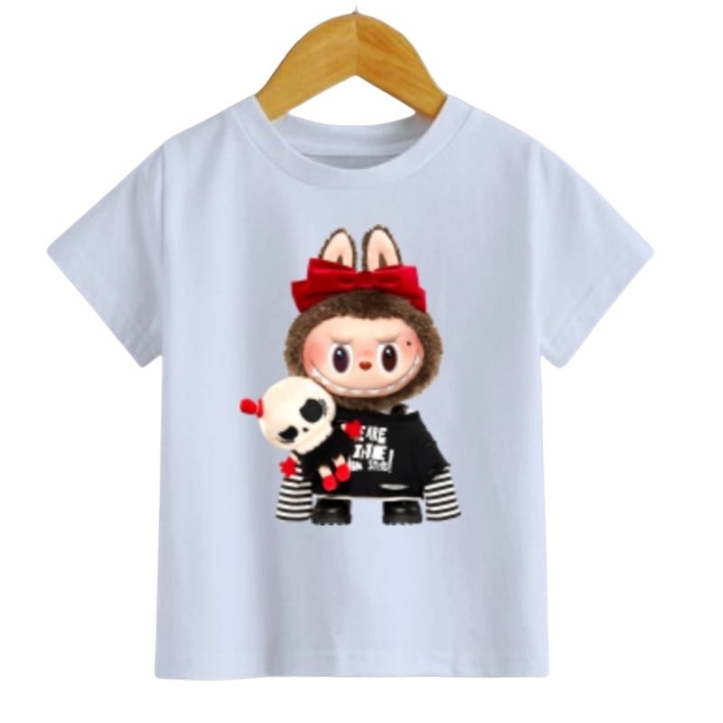 Atasan kaos anak Unisex Cewek-Cowok gambar boneka LABUU BU Tengkorak/Baju Labubuu