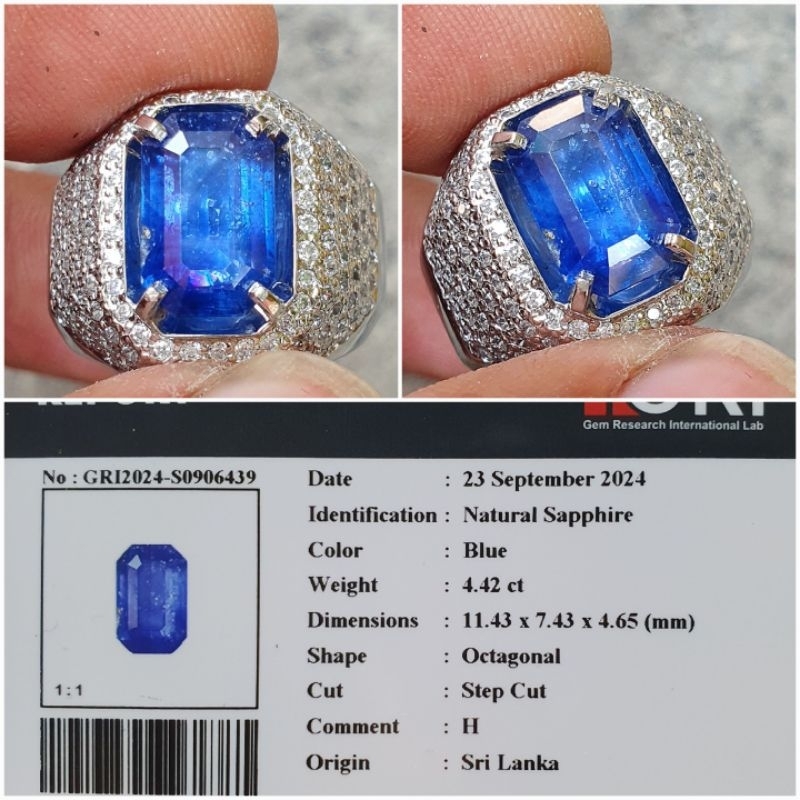 Natural Blue Sapphire 4.42ct safir Srilanka ring perak HM Mikrosetting memo GRI