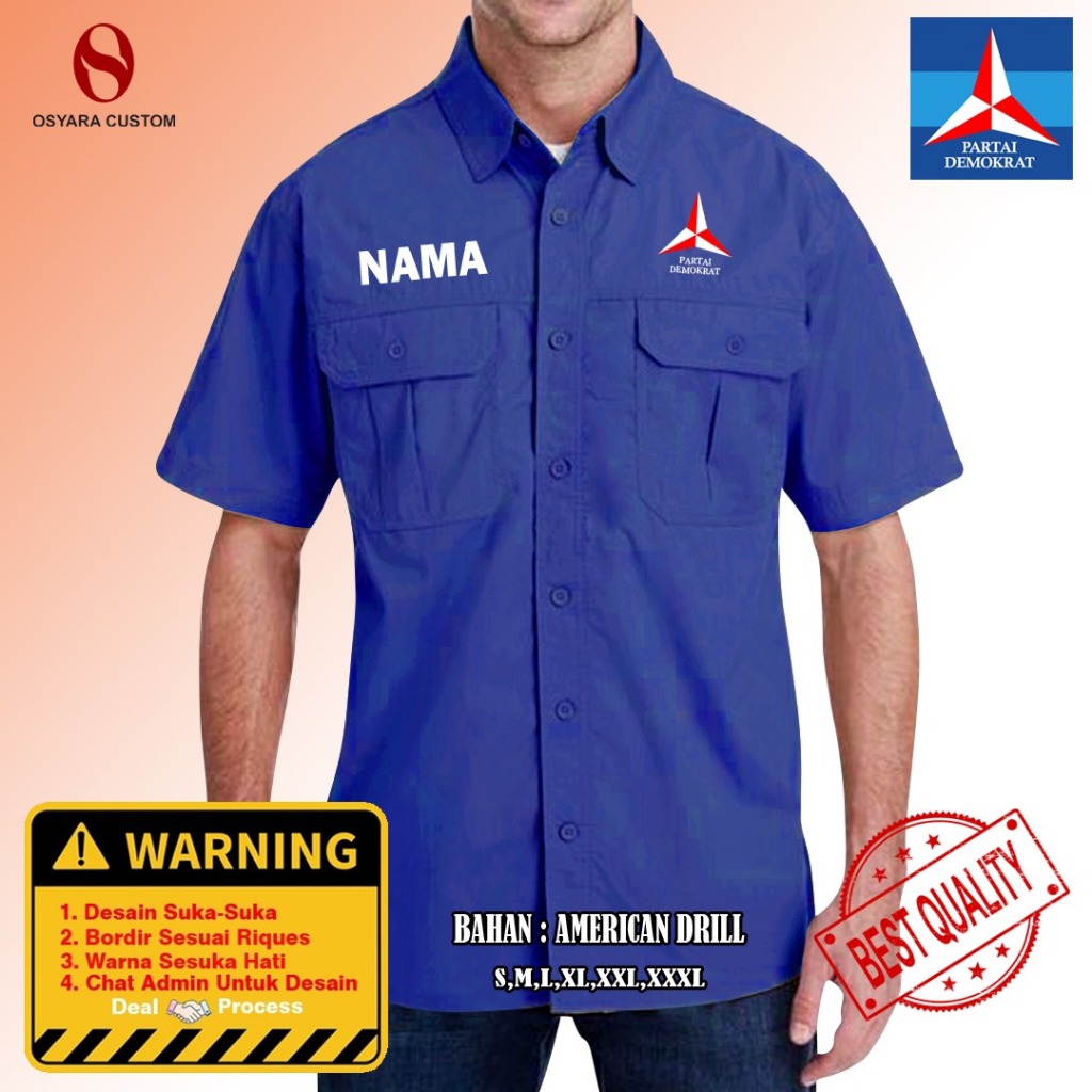 Kemeja Partai Demokrat Bordir / Kemeja PDL Partai Demokrat Custom Bordir / Kemeja Partai Demokrat Cu