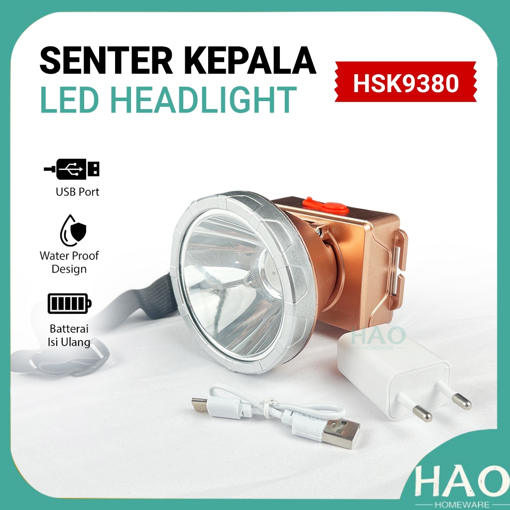 Senter Kepala Headlight LED / Senter Kepala Travel / Senter Kepala Charger HSK-9380 LED Putih