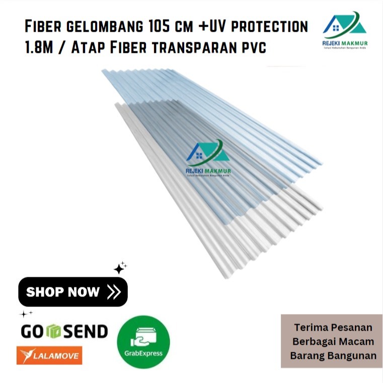 Fiber gelombang +UV protection 1.8 Meter x 105cm x 0.8mm putih susu / Atap Fiber bening transparan p