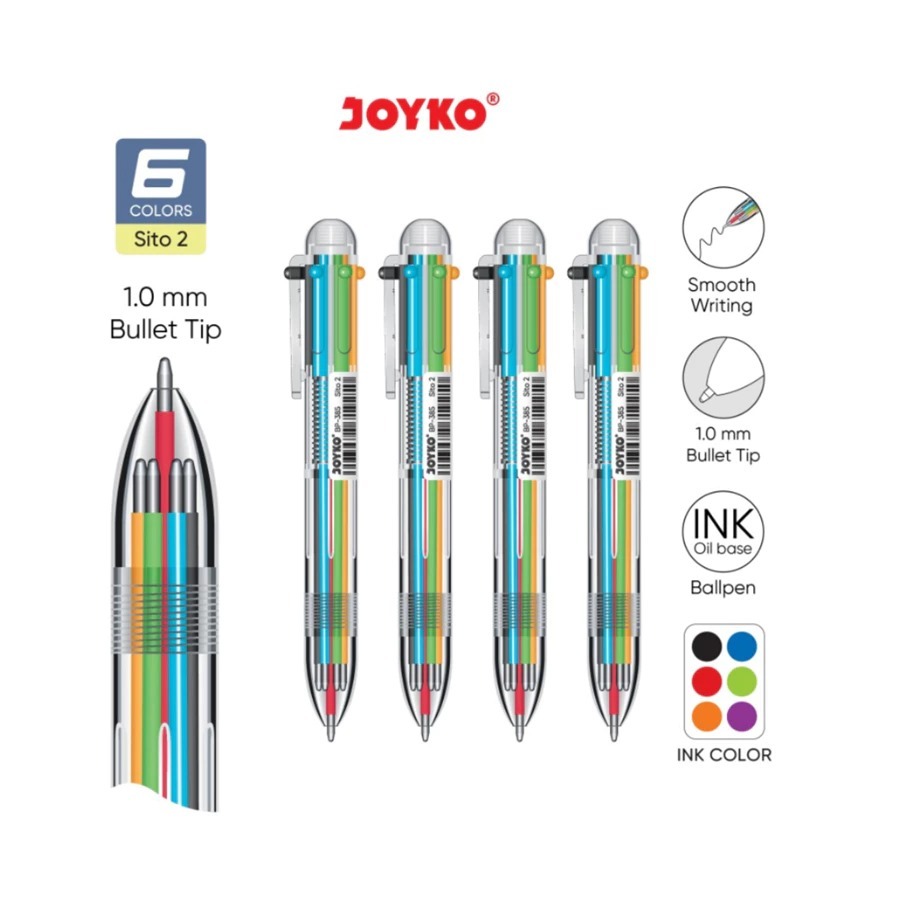 

( DAPAT 1 PCS ) BOLPEN JOYKO SITO 6 WARNA BP-385 / Pulpen Bolpoin Joyko SITO 6 WARNA BP-385 1.0 mm