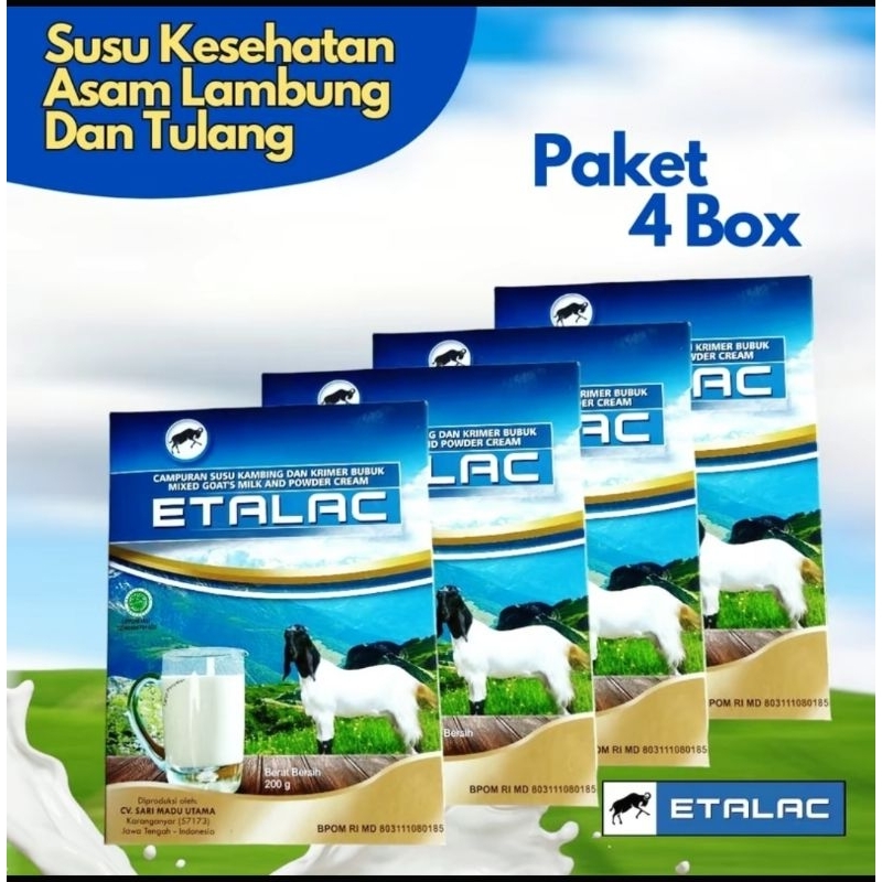 

[ PAKET SEHAT 4 BOX ] SUSU KAMBING ETAWA BY ETALAC 100% ORIGINAL OBAT GERD LAMBUNG NYERI DADA HATI SENDI & TULANG SUSU ASLI TANPA GULA @200G X 4 BOX