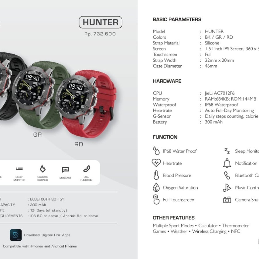 JAM TANGAN PRIA SMARTWATCH DIGITEC HUNTER ORIGINAL