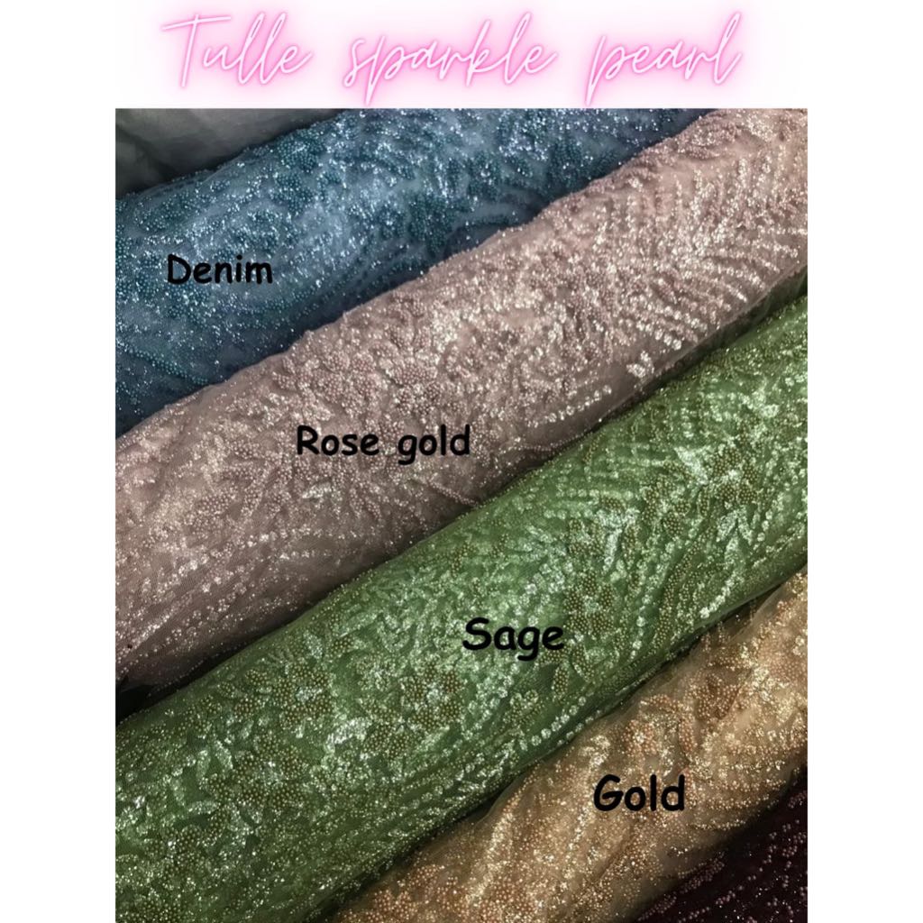 Kain Tulle Bordir Bunga Akar Sequins Bahan Tile Sparkle Pearl Mutiara Payet Meteran