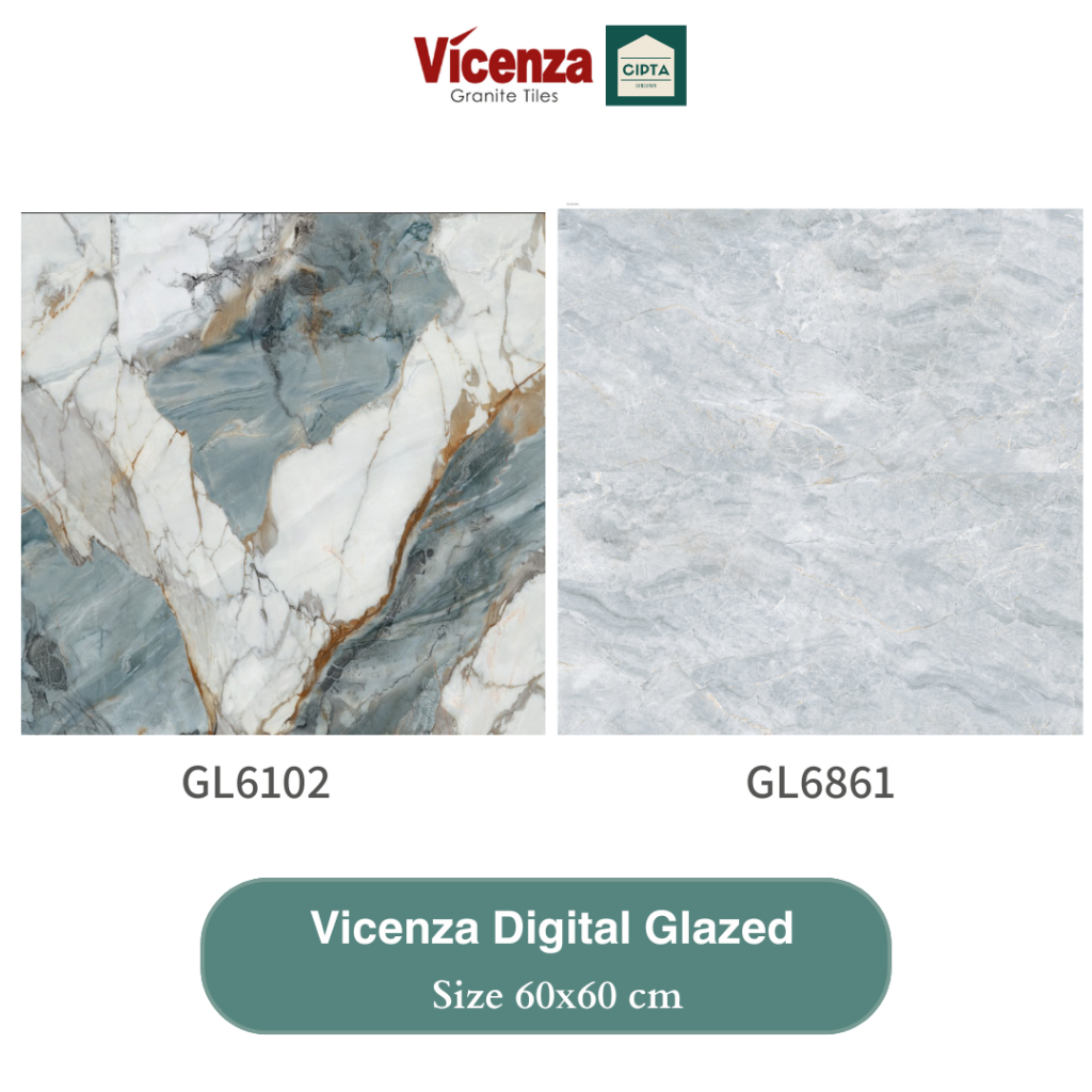 Granit/ Granite Tile Vicenza 60x60cm Digital Glazed Glossy Kilap Motif Marmer Abu dan Biru GL6102 GL
