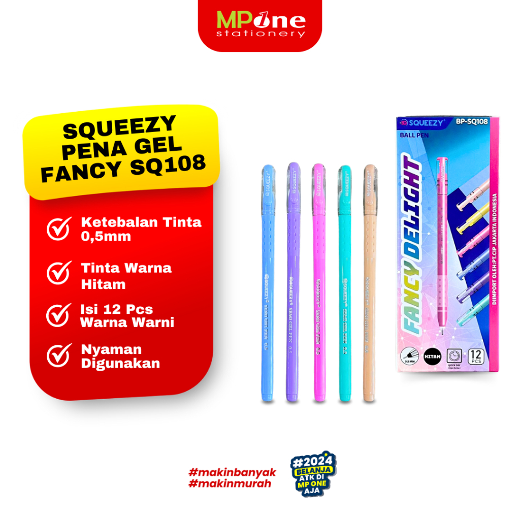 

(1 KOTAK) Squeezy Pena Gel Fancy SQ108 / Pena Gel Pen Warna Warni Fancy Murah Lucu Squeezy