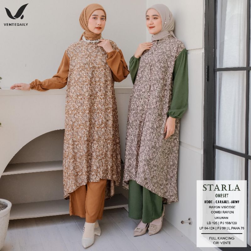 Starla Oneset Setelan Atasan Tunik Celana Kulot Bahan Rayon Full Kancing Ventedaily