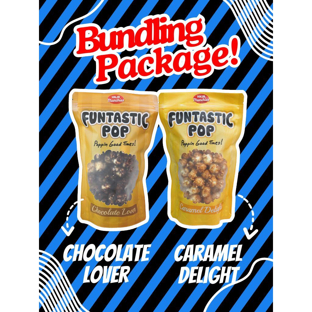 

HNJR MUNCHIES FUNTASTIC POP ( PAKET COMBO ) Popcorn Caramel , Dark Chocolate Large Camilan Snack Jagung