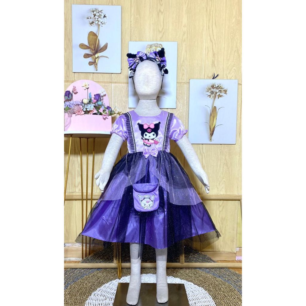 [ FREE TAS ] NEW DRESS KUROMI TILLA HITAM ANAK PEREMPUAN USIA 3-8 TAHUN / GAUN PESATA ULTAH ANAK KAR