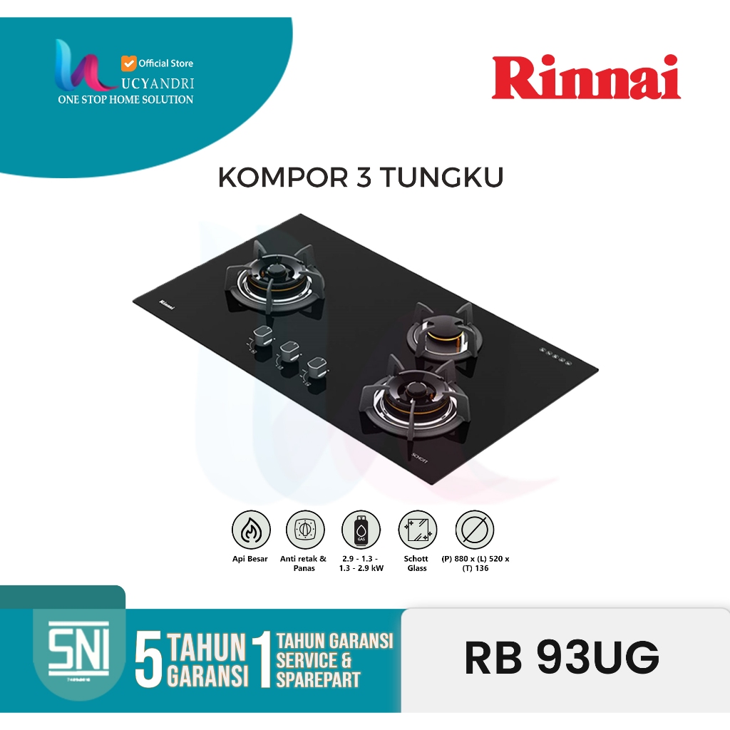 Rinai Kompor Gas Tanam 3 Tungku Rinnai RB-93UG / RB 93 UG  ORIGINAL