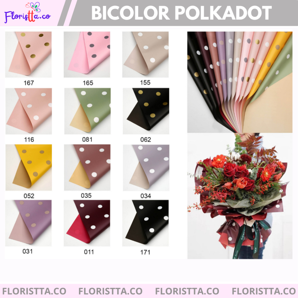 

(pack)Kertas Buket motif Cellophane Bicolor Polkadot SOLID Flower Wrapping