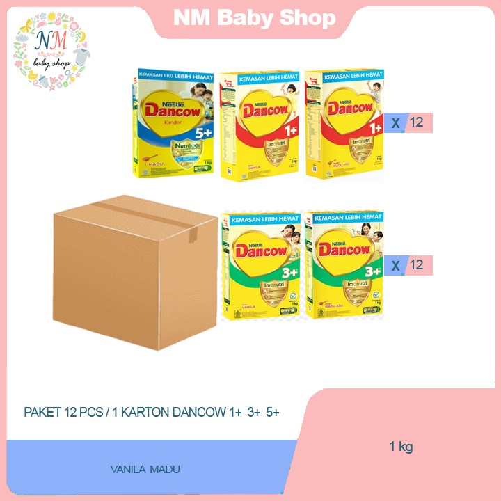 DANCOW 1+ 3+ VANILA MADU 5+ MADU PAKET 1 KARTON 1000 GR x 12 PCS TAHAP 1 3 5 1KG 1000GR SUSU BUBUK S
