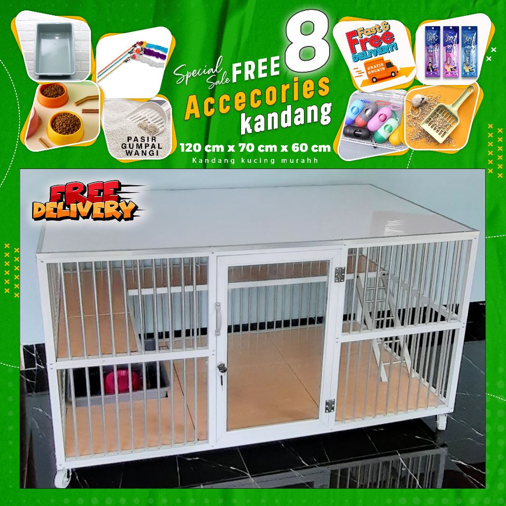 kandang kucing alumunium bandung 1 pintu 120 rangka putih luas alas lantai keramik adult kitten free