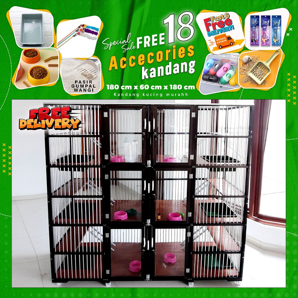 Kandang kucing aluminium 6 pintu kamar 3 tingkat luas kuat alas keramik free accesories