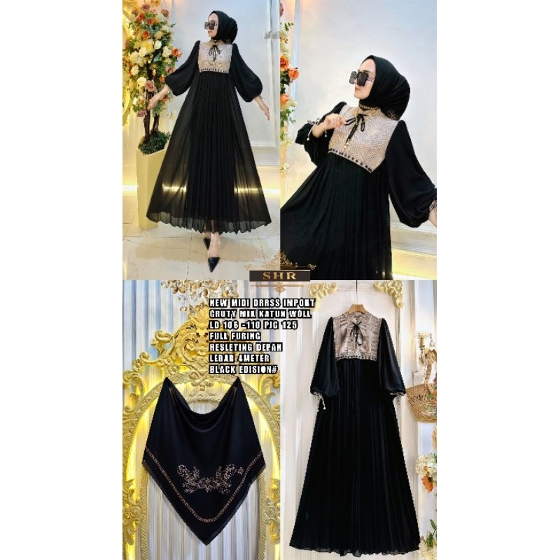 New midi dress bahan cruty mix katun woll Resleting depan (busui) SHR ORI