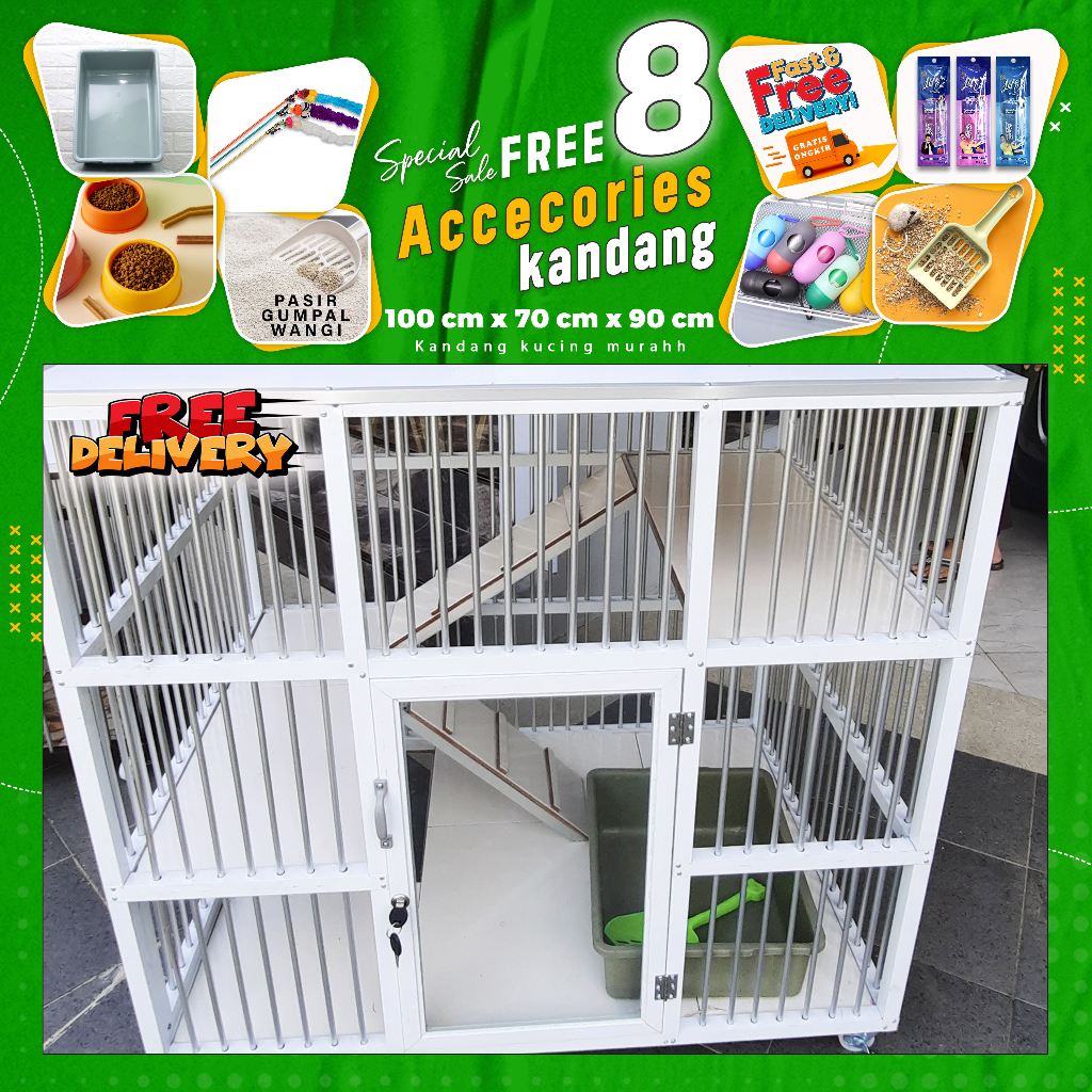kandang kucing aluminium 1 pintu Jumbo rangka putih kamar besar tingkat  luas alas keramik free acce