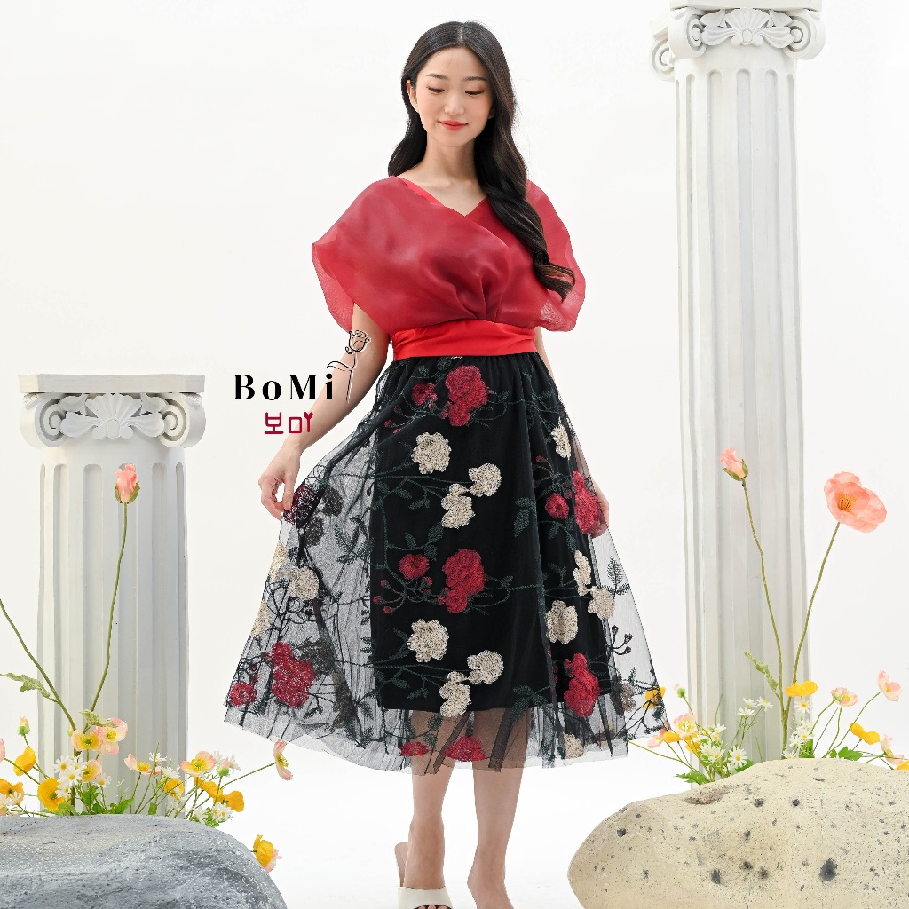 BOMI - ROSE Skirt Flower Mawar Korean Rok Premium Tutu Tile Motif Timbul Bunga 3 Lapis dengan Furing