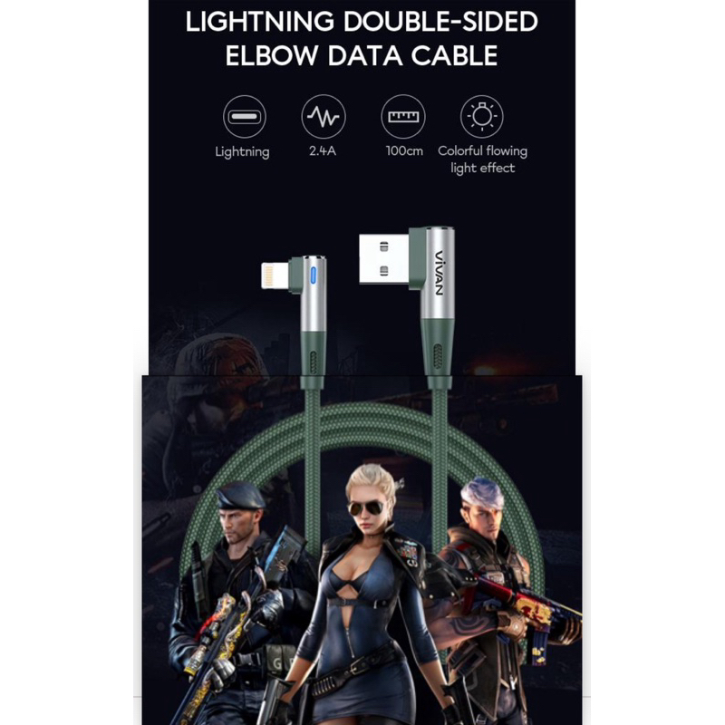 KABEL DATA VIVAN GAMING BWL100S Green 2.4A LED Lightning iOS Model L Fast Charging USB Cable Game Ga