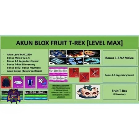 Akun Blox Fruit T-REX [Level MAX] [Datpol] software [Belum Verifikasi]