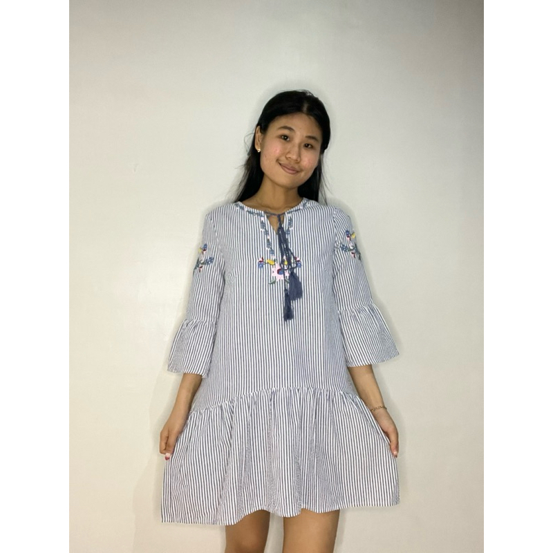 (PRELOVED) Dress Korea | Dress Wanita Stripe Biru Motif Bunga Hijab Friendly