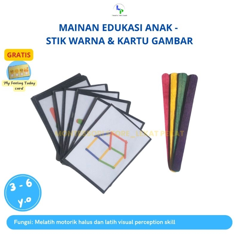 Mainan Anak Montessori 1 Pack Stik Kayu dan Kartu Bergambar 12 Pcs