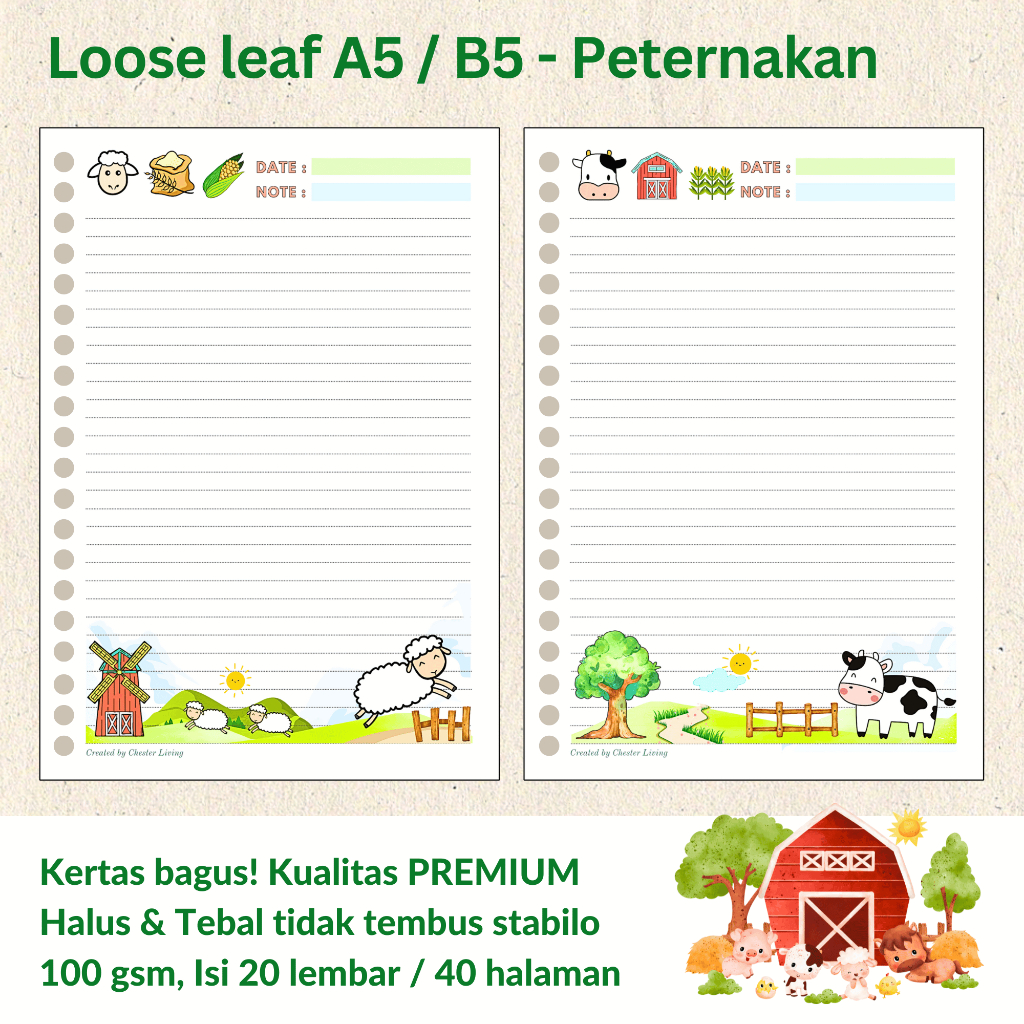 

Binatang Lucu Peternakan - Loose leaf Isi Kertas File binder A5/B5 Tebal / Refill Map Binder / Line Grid Dotted Blank Garis Kotak Titik Polos /CHESTER LIVING