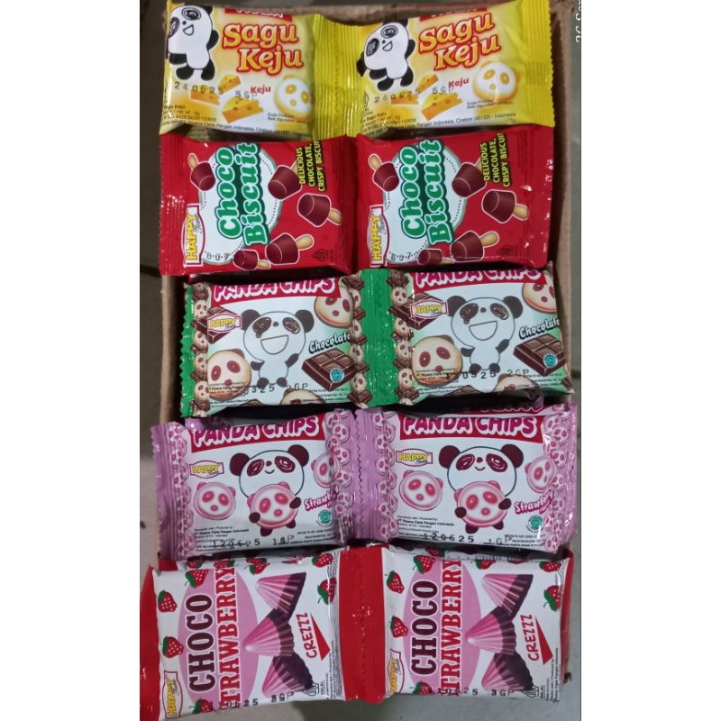 

Sagu Keju, Choco Biscuit, Choco Strawberry, Panda Chip 1 Renceng Isi 10 Bungkus @5g