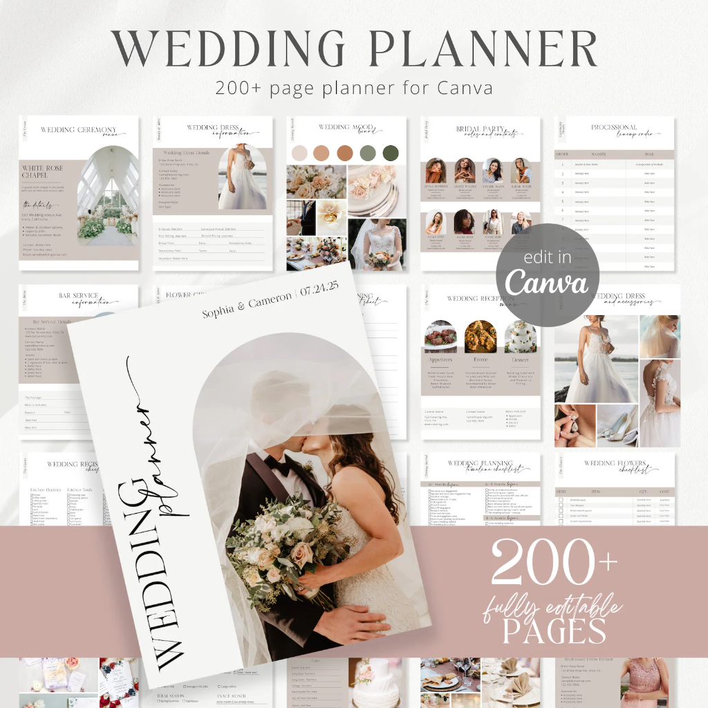 Wedding Planner Template Bundle | 200+ Page Canva | Editable Wedding Planning Book | Editable Canva 