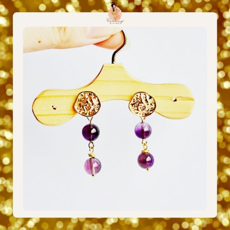 Gracious Darlings: Amethyst Crystal: Gold Crinkle Earring (Anting Kristal) (Batu Alam Asli)