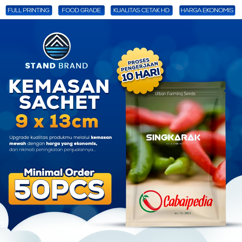 Kemasan Sachet 9x13cm Custom Full Printing Bibit Tanaman Masker Organik 30gr Ukuran