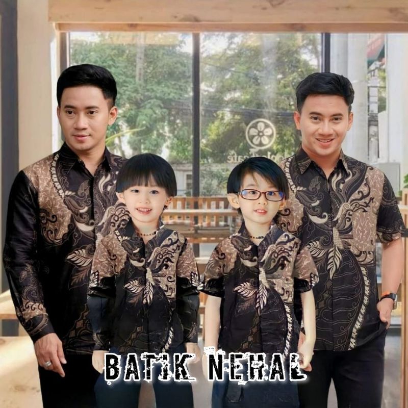 Couple batik pria ayah dan anak laki-laki lengan panjang umur 2-12thn motif batik hitam seragam kain