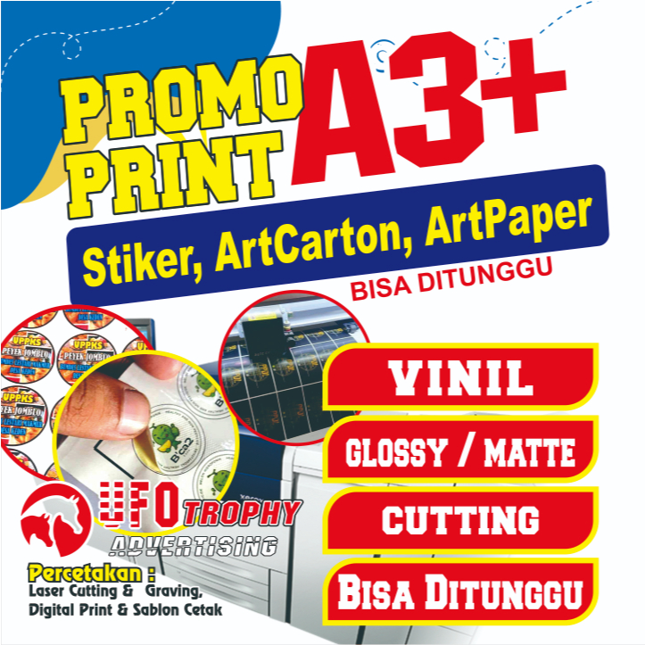 

Cetak Stiker Glossy, Vinil, Transparant, HVS dan Hologram perlembar a3+ tahan air (Cetak + Cutting + Laminasi )