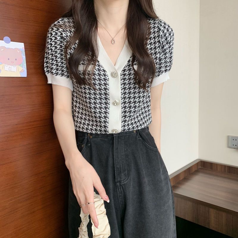 Atasan Korea Lucu Houndstooth Lengan Pendek HBC | Cardigan Lengan Pendek Houndstooth Knit Import Pre