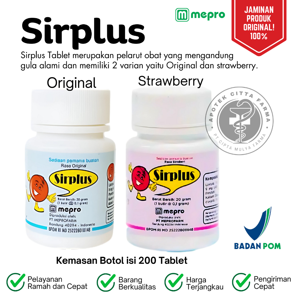 SIRPLUS ORIGINAL & SIRPLUS STRAWBERRY [ Kemasan Botol 20 GR Isi 200 Tablet Pemanis Puyer Anak ]