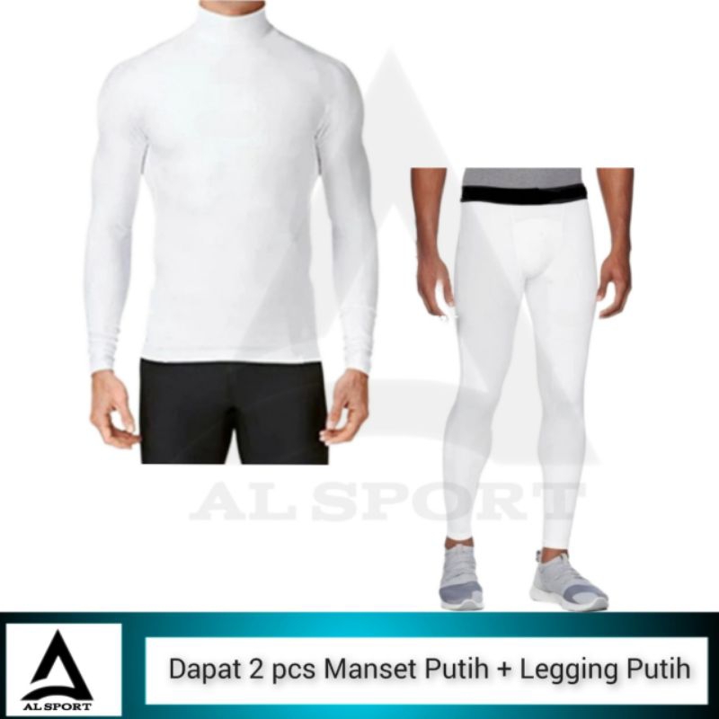 Paket Olahraga Pria Putih Baju Manset Lengan Panjang Putih Legging Putih Kolor Putih