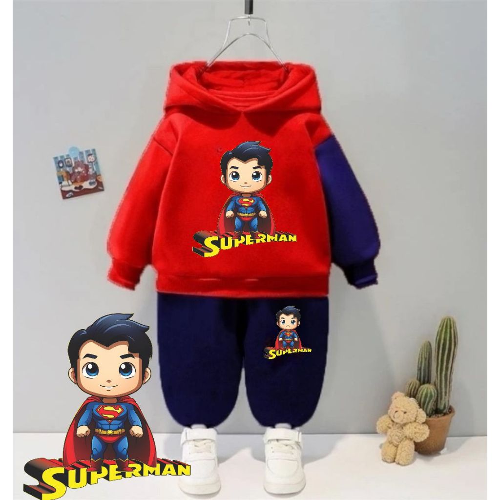 Baju anak laki laki motif superman usia 1-5 tahun setelan hoodie anak tahun 2024