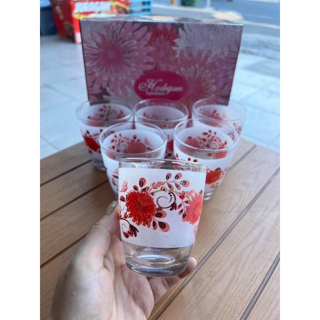 Gelas Kaca Mini / Gelas Sloki / Gelas Shot Motif Bunga Merah 1set isi 6 / Satu set Gelas Souvenir