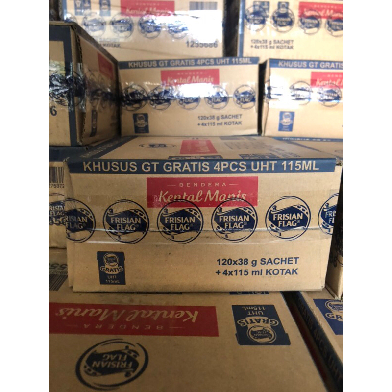 

Frisian Flag Susu Kental Manis carton [38g x120 Sachet] (isi 20 pack ) free 6 UHT rasa stwberry 115ml