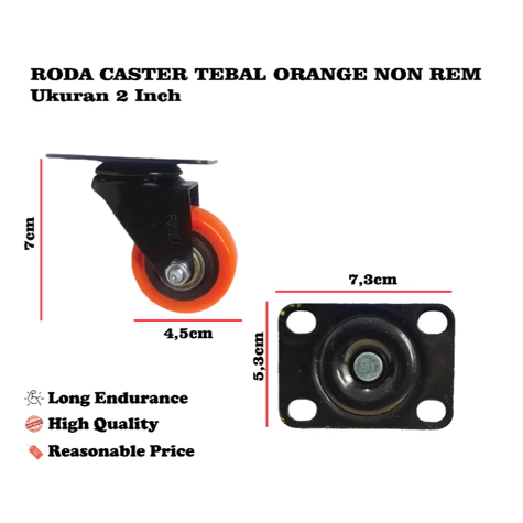 FUKUDA Roda Kastor 2 Inch ORANGE TEBAL Hidup TANPA REM / Castor Swifel Plate Etalase Troli PER SET