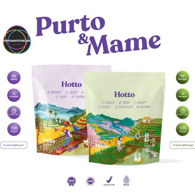 

(Bisa Gosend) PAKET 2 POUCH 32 SACHET HOTTO PURTO - HOTTO MAME Superfood Ubi Ungu Multigrains Oat Pengganti Sarapan BPOM HALAL