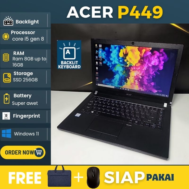 Laptop Acer Travelmate  Intel Core i5 Gen 8 Ram 8GB SSD 256GB - siap pakai